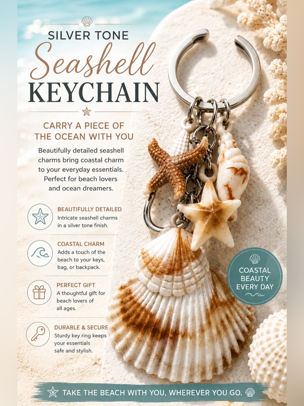 Seashell Cluster Keychain with Starfish Charm in Silver Tone